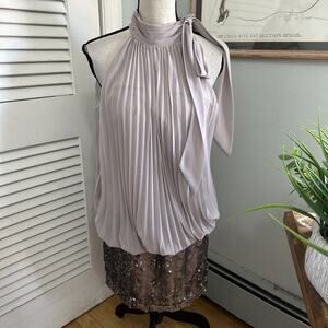 Vintage Cache Dress Large Taupe Pleated Bubble Tie Neck Sequin Cocktail Glam